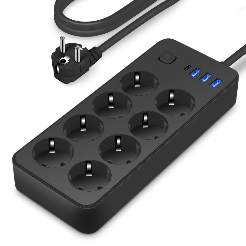 Strip Daya Standar EU 8 AC kanthi 4 Port USB